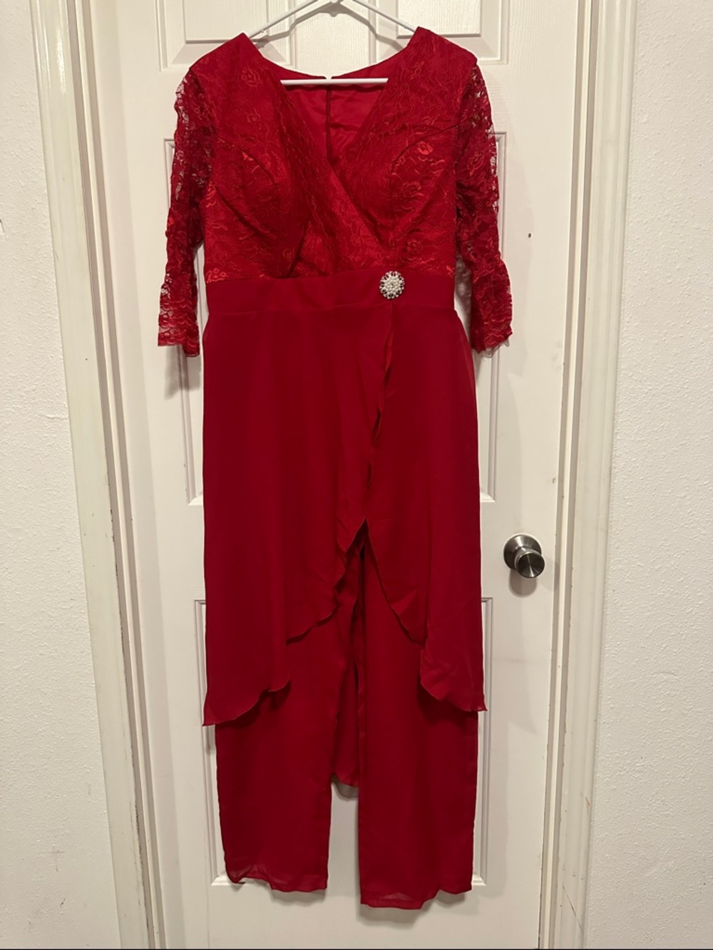 Amazon Red Lace Jumpsuit with Sheer Overlay and Rhinestone Accent